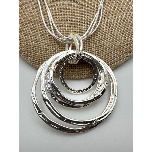 Layered Silver-Tone Textured Circle Pendant Necklace Multi Chain Minimalist - Picture 3 of 10